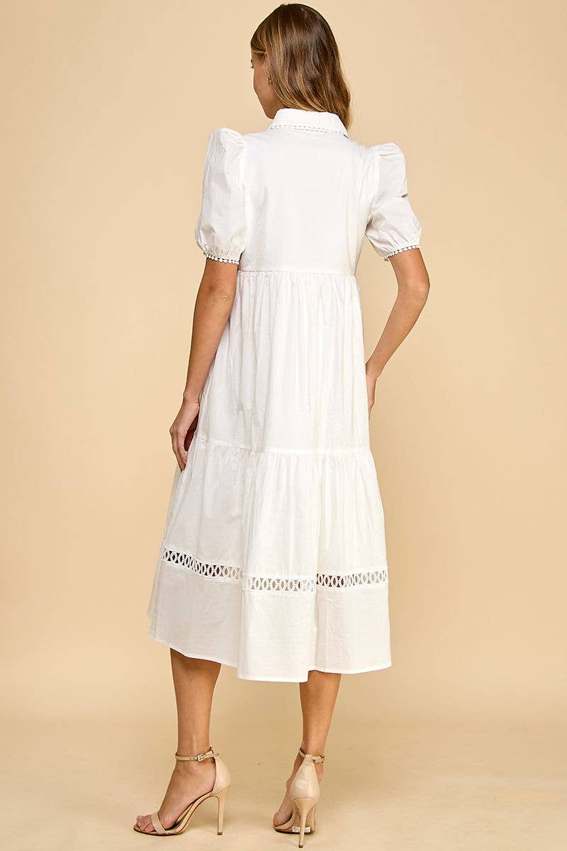 Button Up Collared Contrast Trims Midi Dress: White