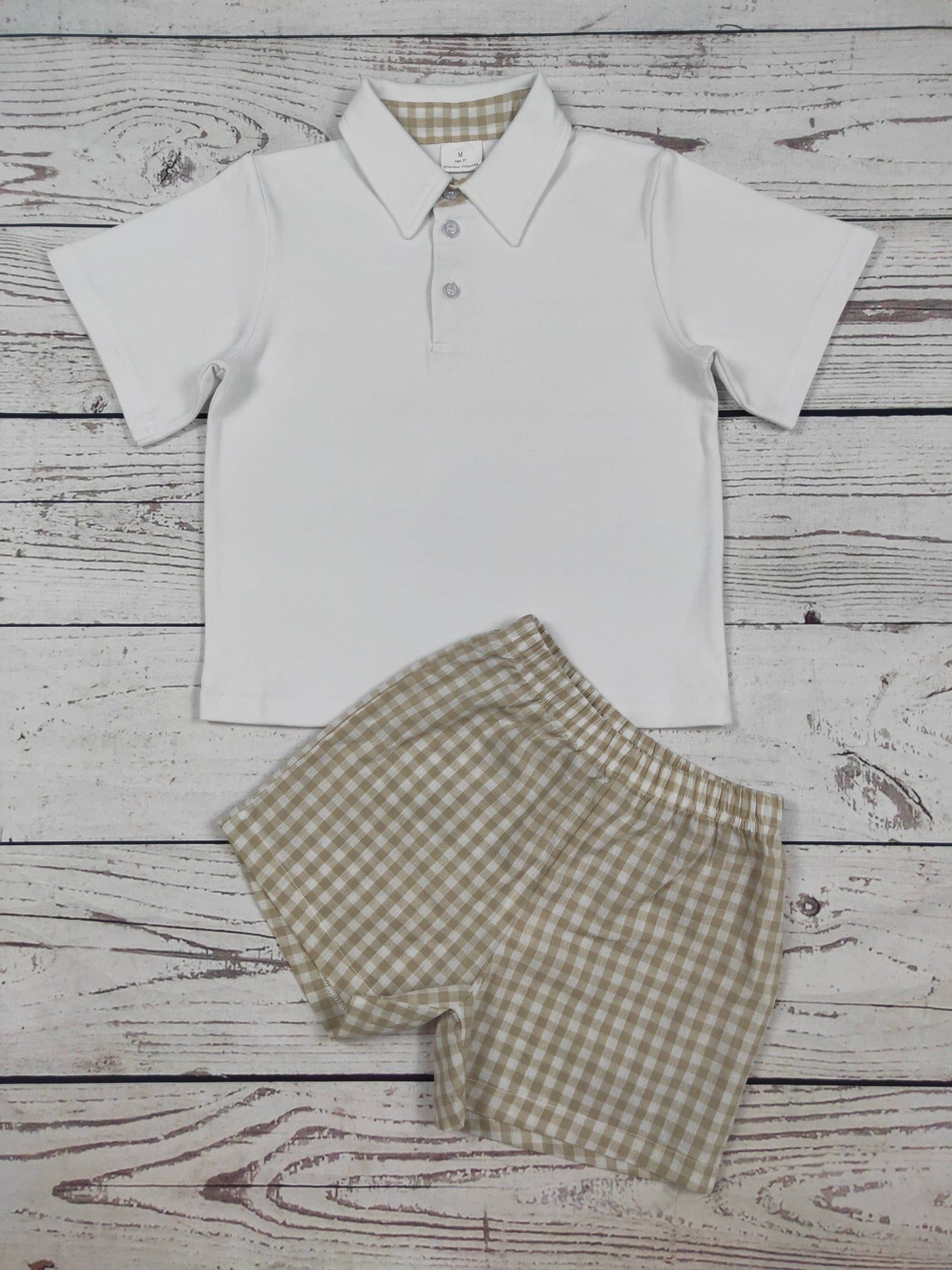 Baby Boy White Top & Khaki Gingham Shorts Set