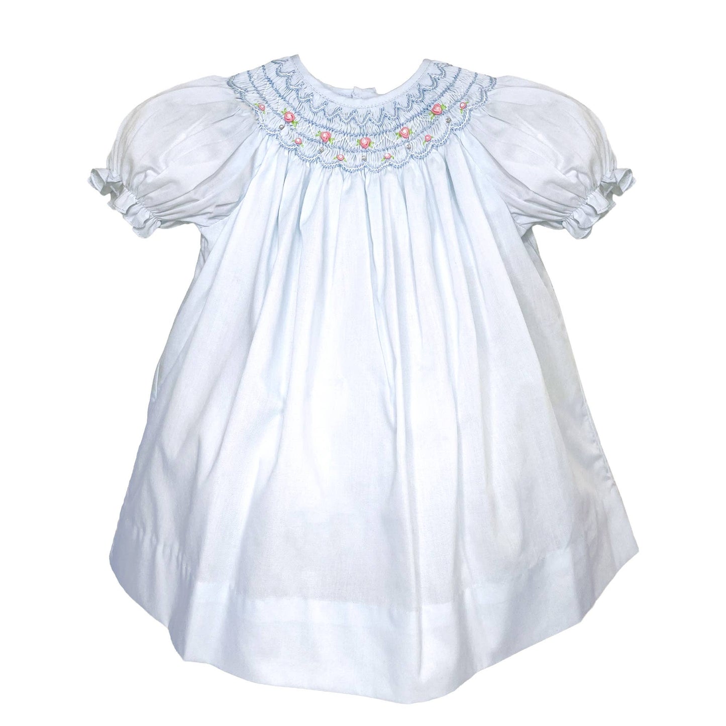 Dress with Hand Bishop Scalloped Smocking - Blue