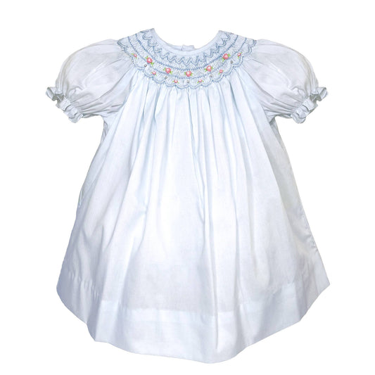 Dress with Hand Bishop Scalloped Smocking - Blue