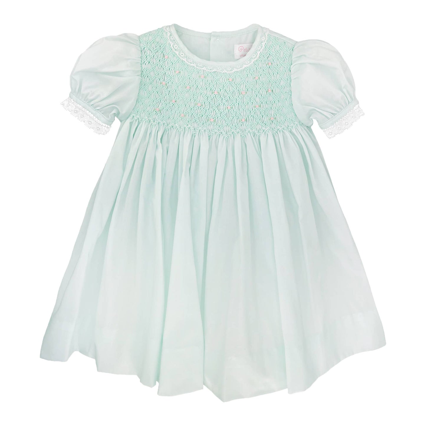 Fully Smocked Dress with French Lace: Mint