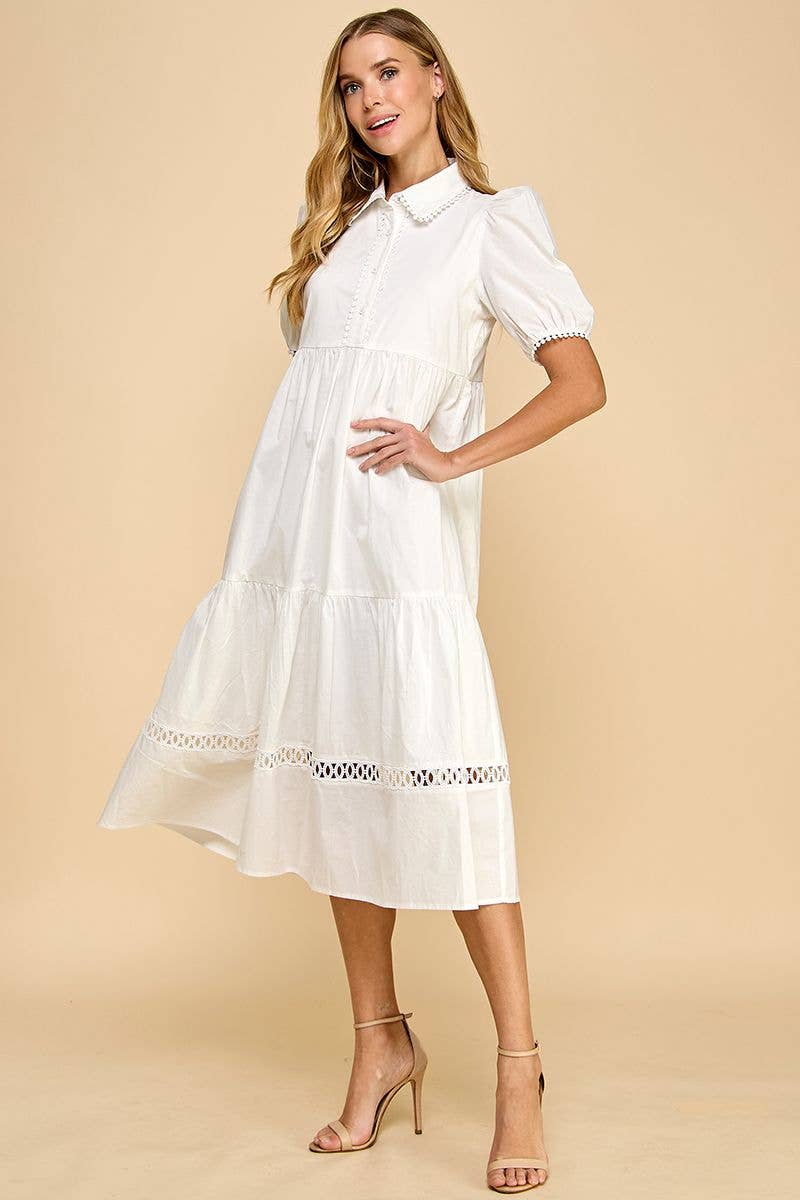Button Up Collared Contrast Trims Midi Dress: White