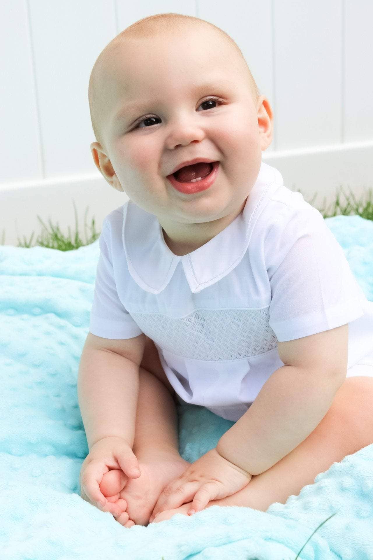 Diamond Smocked Romper: Blue