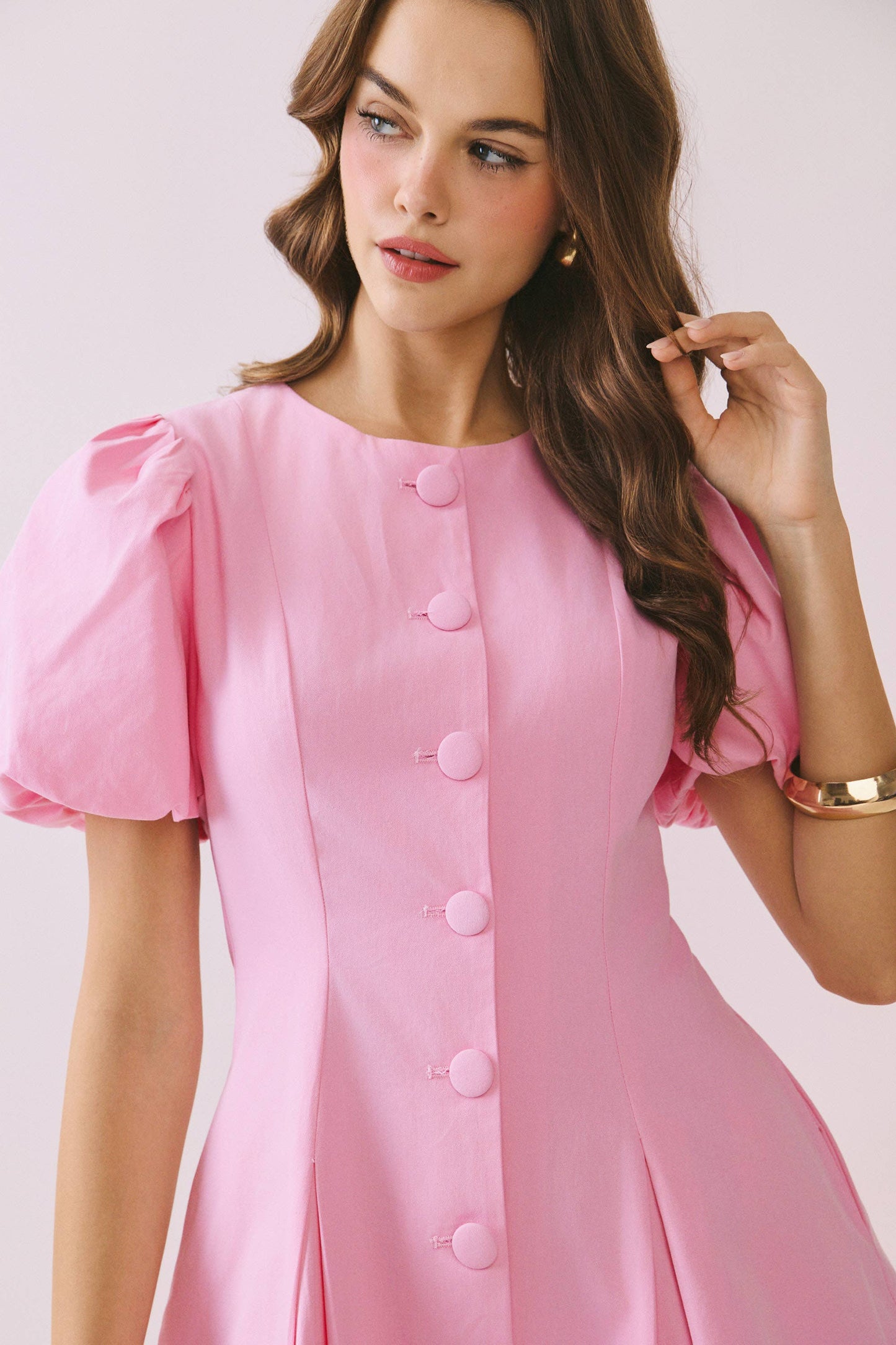 Voluminous Puff Sleeves Covered Button Down Dress: Baby Blue