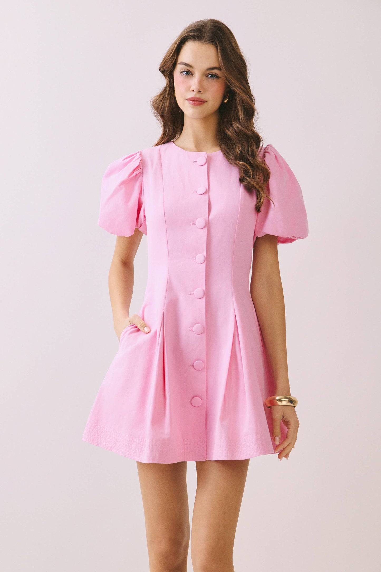 Voluminous Puff Sleeves Covered Button Down Dress: Baby Blue