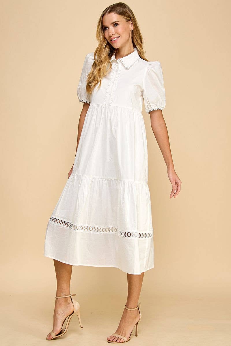 Button Up Collared Contrast Trims Midi Dress: White