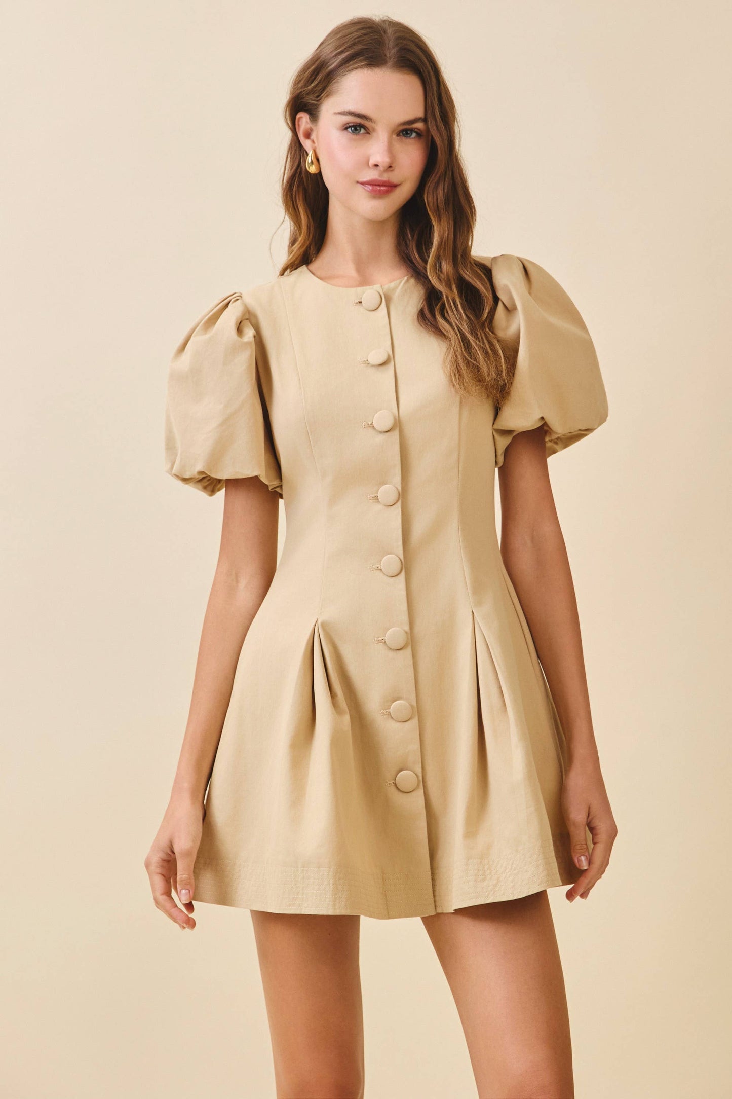 Voluminous Puff Sleeves Covered Button Down Dress: Baby Blue