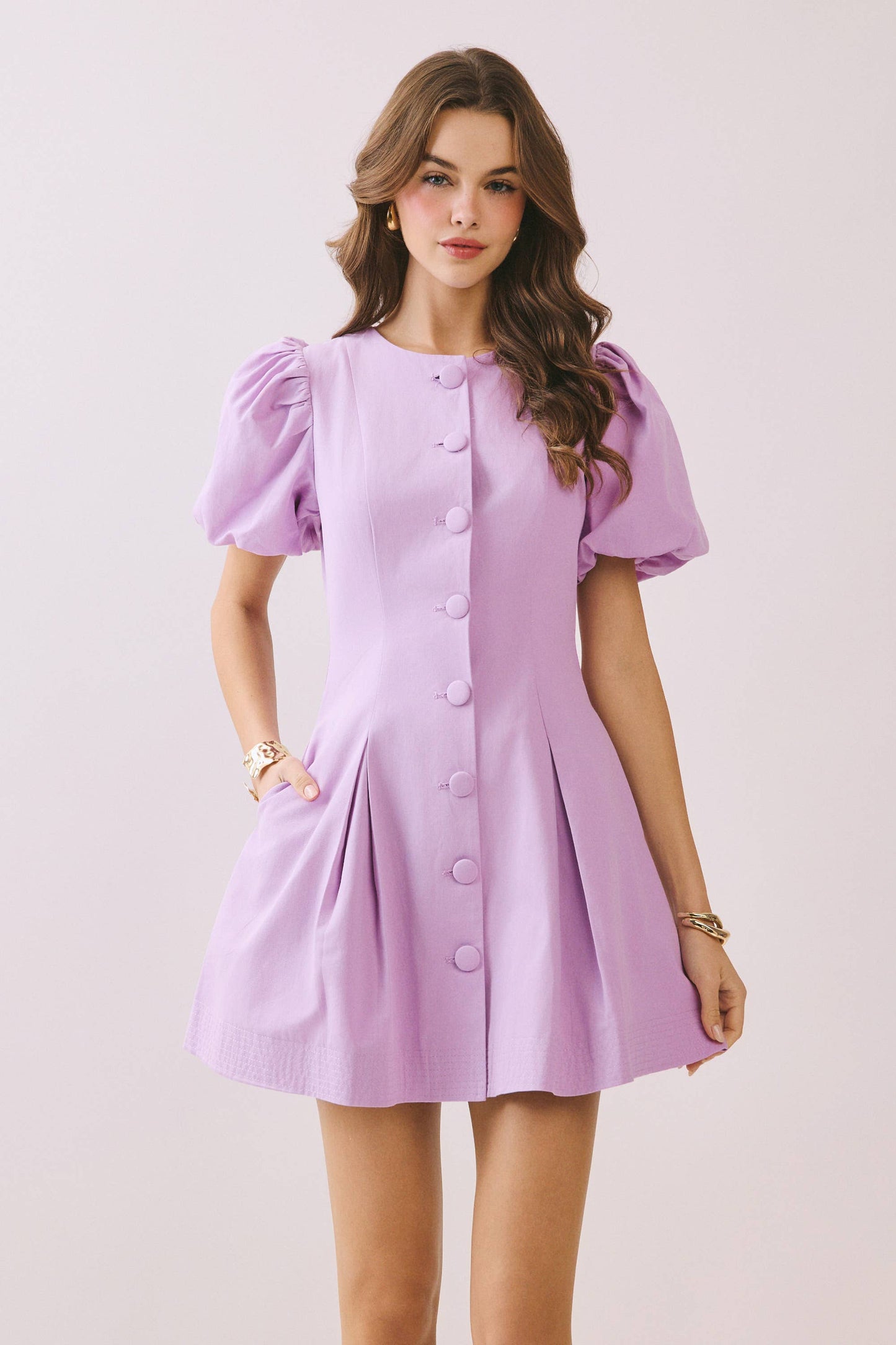 Voluminous Puff Sleeves Covered Button Down Dress: Baby Blue