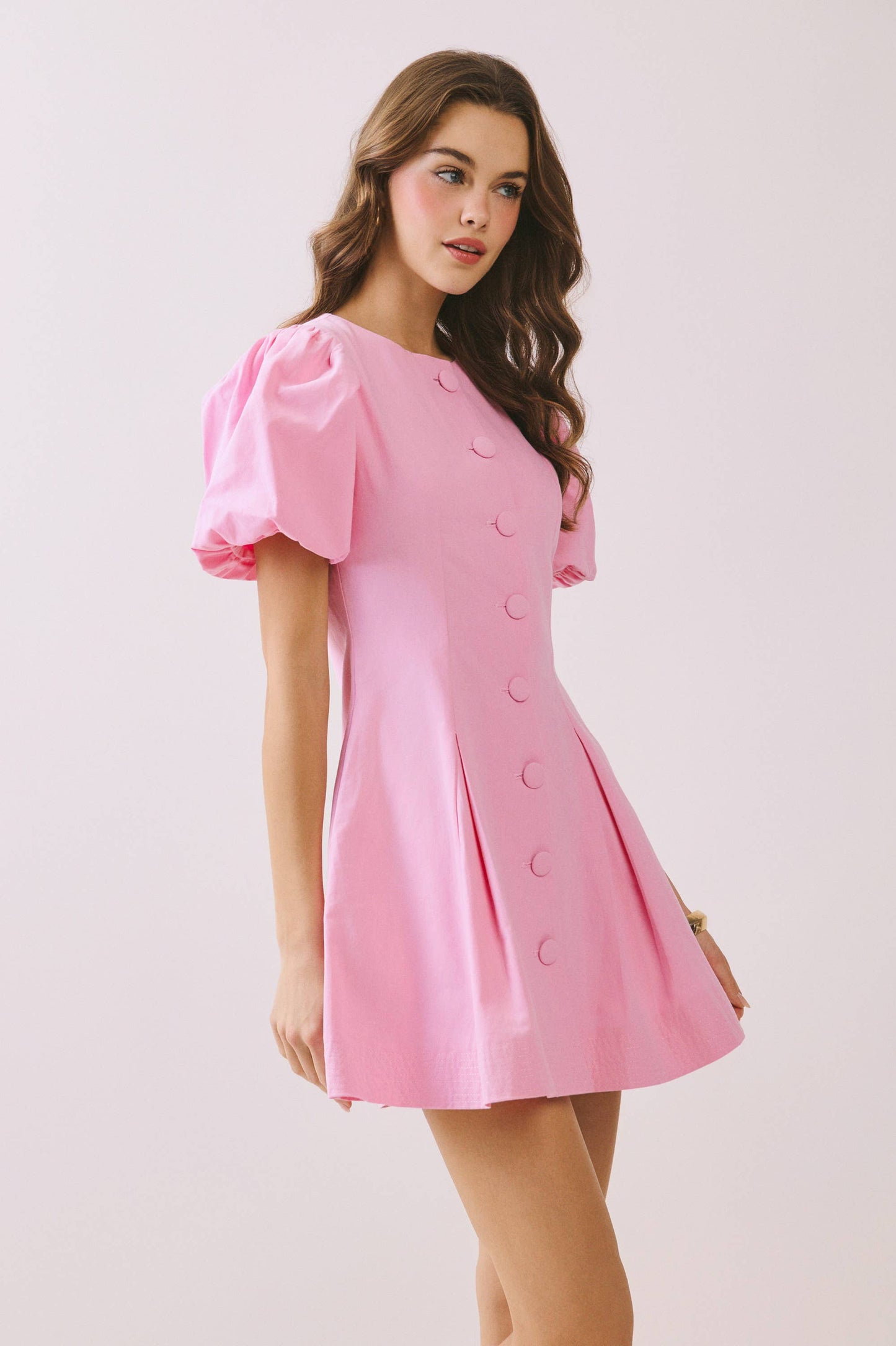 Voluminous Puff Sleeves Covered Button Down Dress: Baby Blue