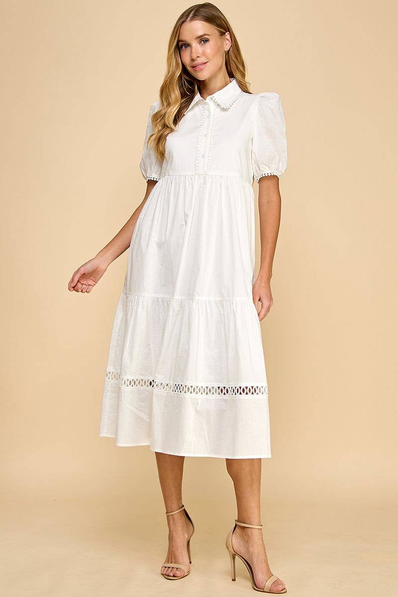 Button Up Collared Contrast Trims Midi Dress: White