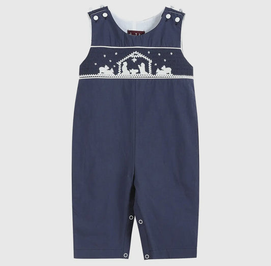 Dark Blue Nativity Smocked Overalls