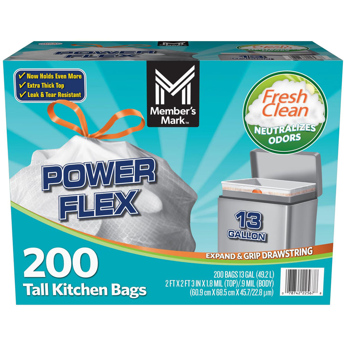 Member's Mark Power Flex 13-Gallon Tall Kitchen Trash Bags, Fresh Scent, 200 ct.