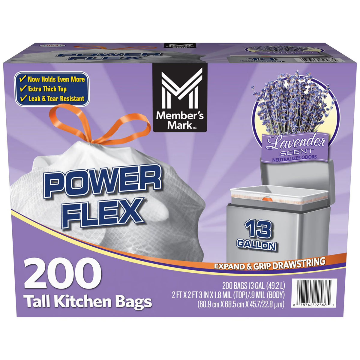 Member's Mark Power Flex 13-Gallon Tall Kitchen Trash Bags, Lavender, 200 ct.