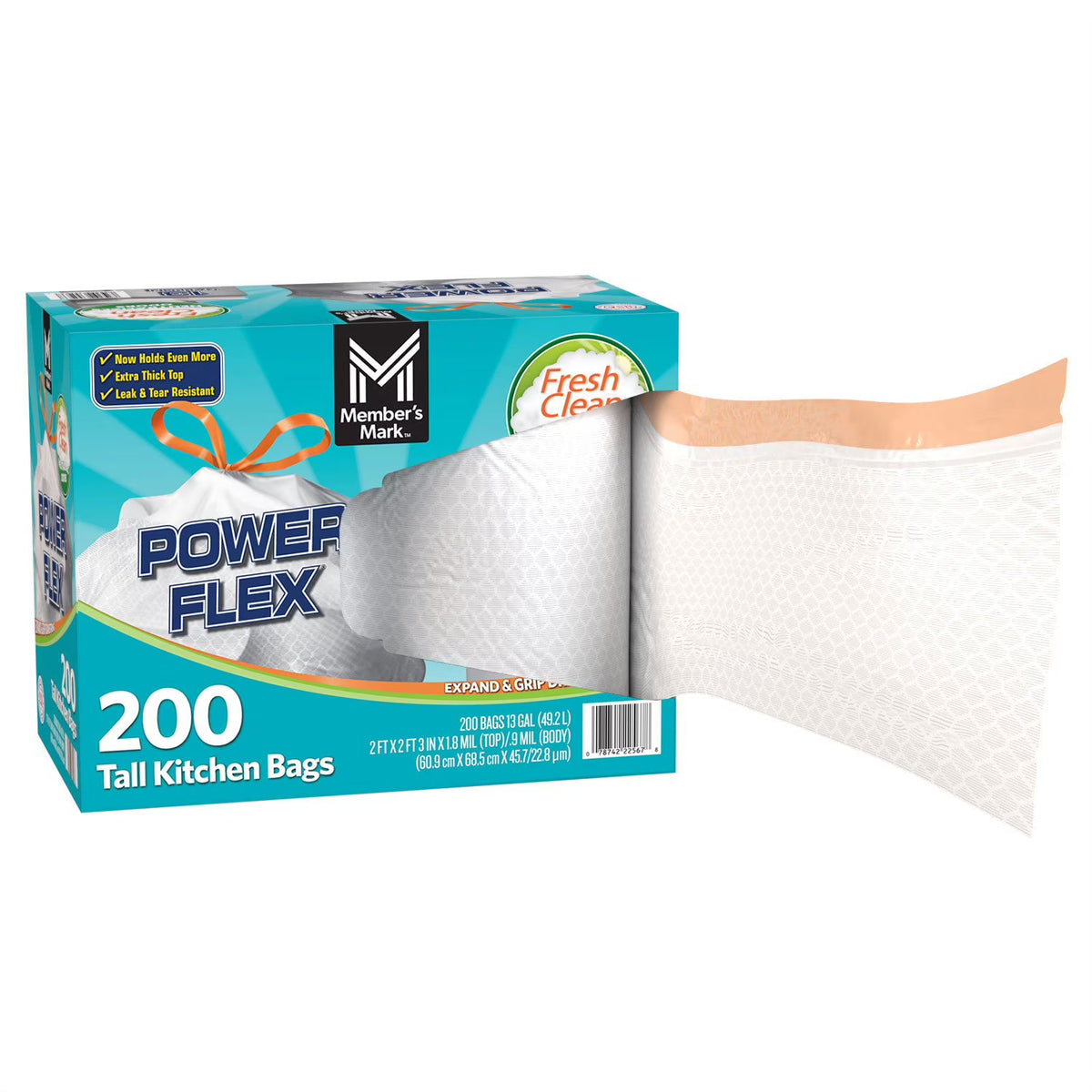 Member's Mark Power Flex 13-Gallon Tall Kitchen Trash Bags, Fresh Scent, 200 ct.
