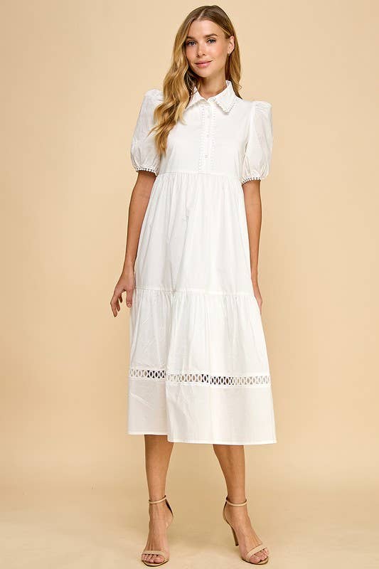 Button Up Collared Contrast Trims Midi Dress: White