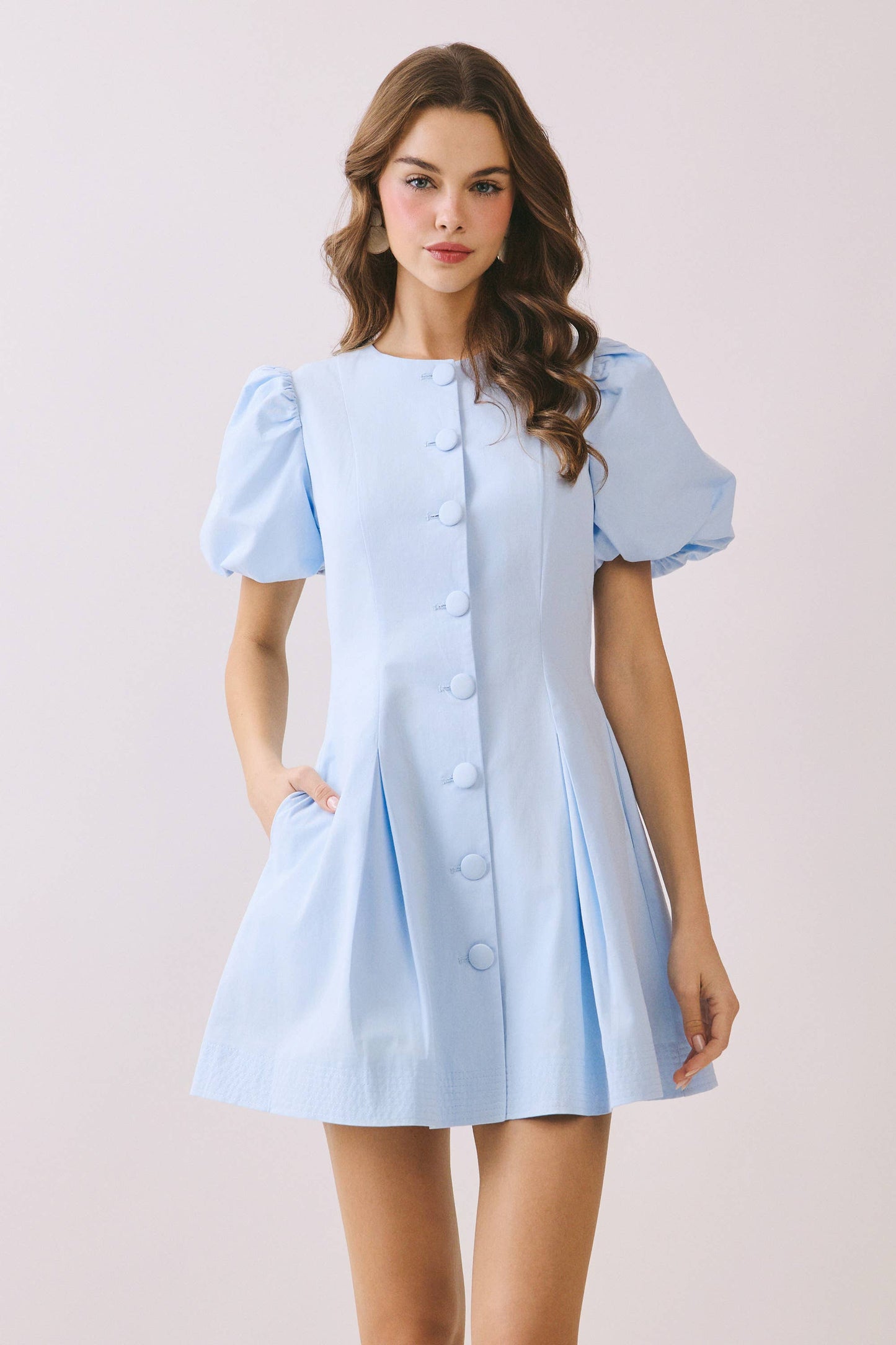 Voluminous Puff Sleeves Covered Button Down Dress: Baby Blue