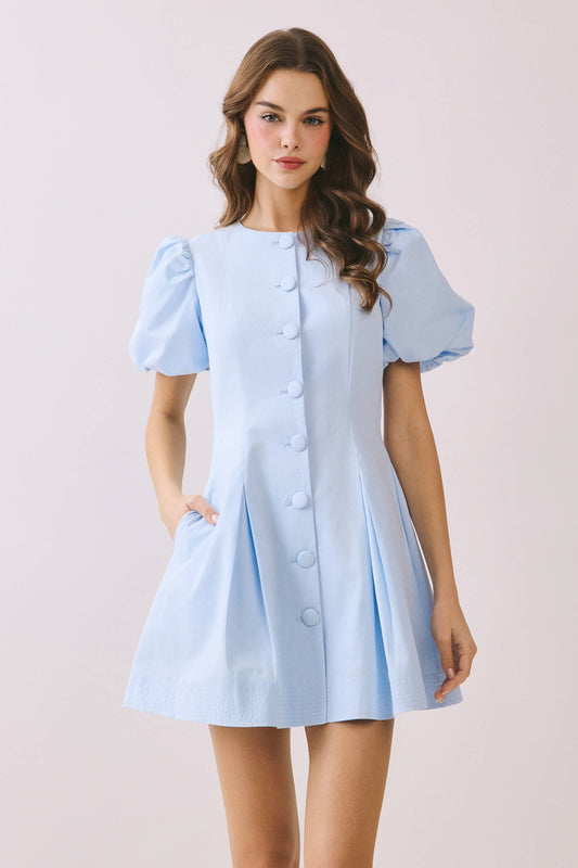 Voluminous Puff Sleeves Covered Button Down Dress: Baby Blue