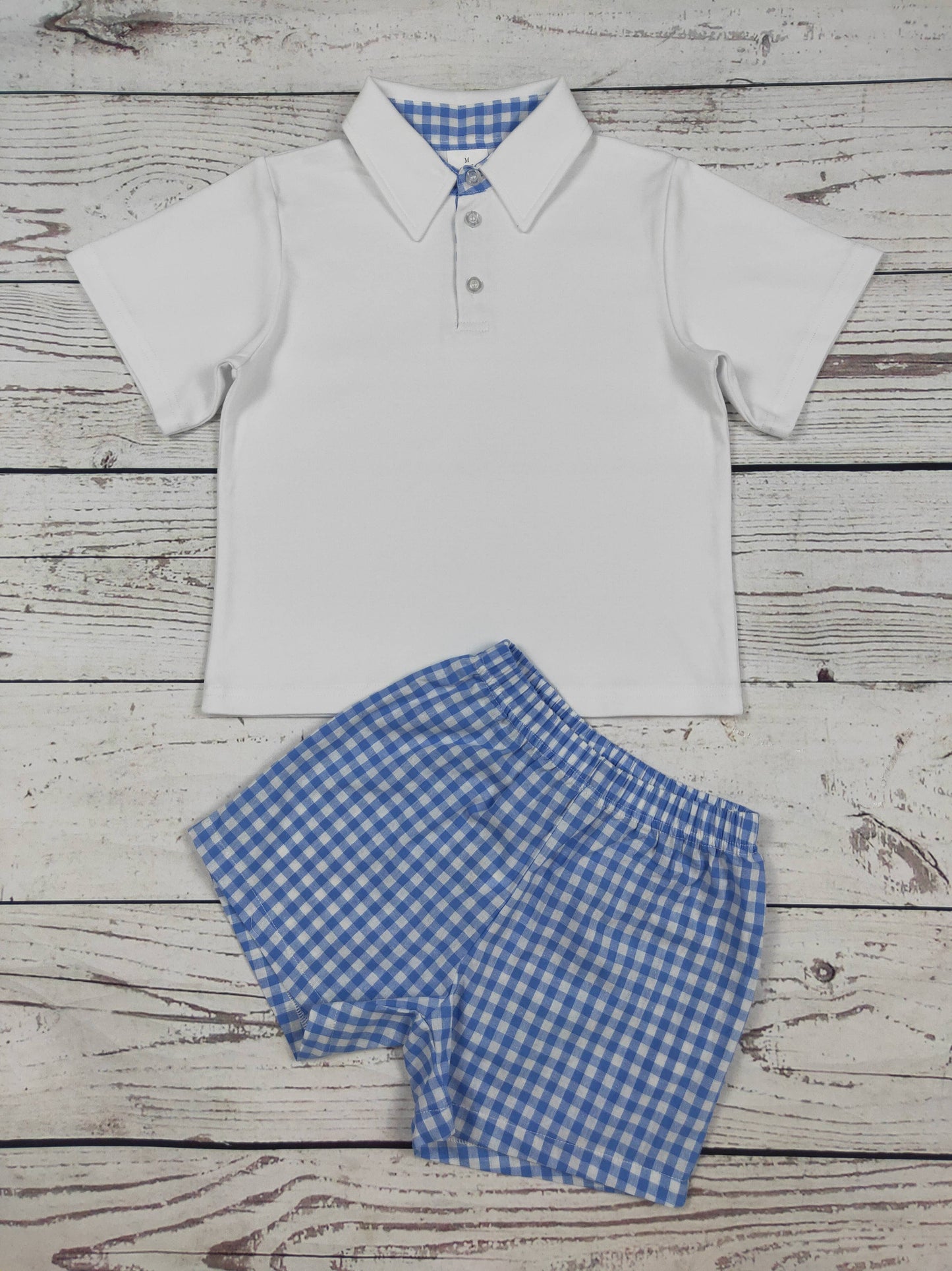Baby Boy White Top & Blue Gingham Shorts Set