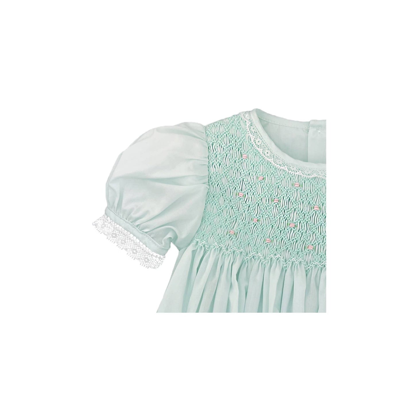 Fully Smocked Dress with French Lace: Mint